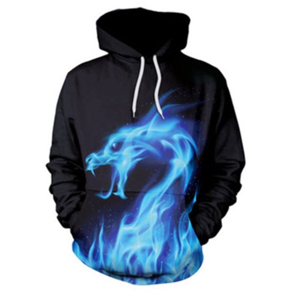 new european and american style blue flame dragon 3d digital printing loose hooded sweater, Black
new european and american style blue flame dragon 3d digital printing loose hooded sweater, Black