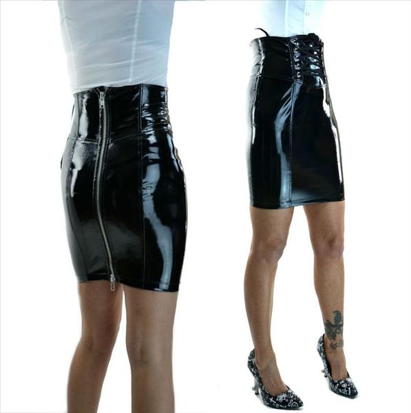 club black pvc leather wet look pencil skirt zipper back lace front vinyl shiny bodycon skirts