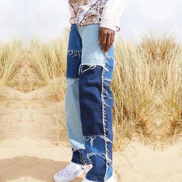 men's straight-leg jeans, fashionable frayed patchwork color matching loose-fit denim trousers can be worn for work and shopping1, Blue
men's straight-leg jeans, fashionable frayed patchwork color matching loose-fit denim trousers can be worn for work and shopping1, Blue