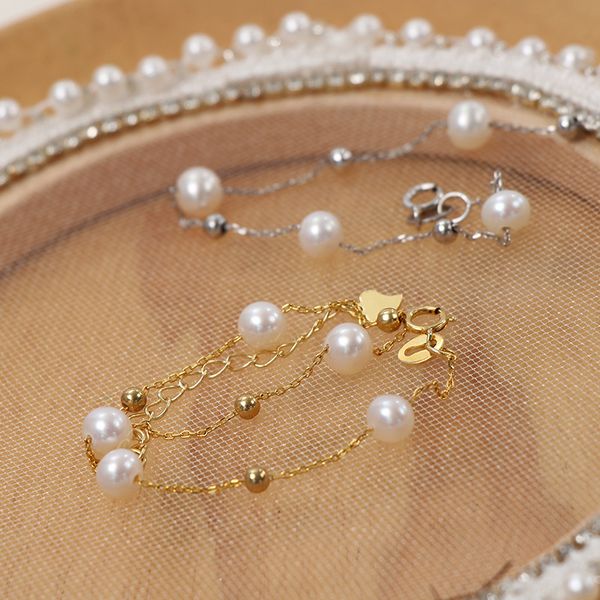 s925 silver starry freshwater pearl bracelet exquisite version 5.5-6mm with adjustment tail chain customizable bracelet fashion design, White