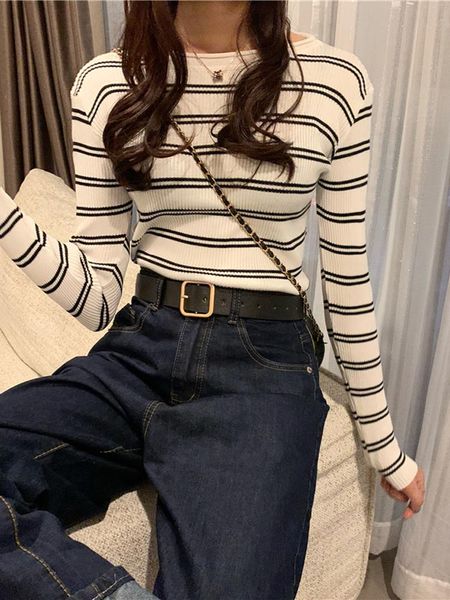 spring autumn women striped sweaters slim style o neck long sleeve hit color elastic knitted pullovers casual chic basic jumper, White;black
spring autumn women striped sweaters slim style o neck long sleeve hit color elastic knitted pullovers casual chic basic jumper, White;black