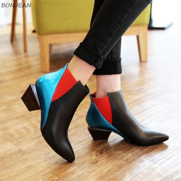 genuine leather ankle boot female middle heel mixed color ladies shoes cowhide abnormity thick heel pointed toe ankle boot, Black
genuine leather ankle boot female middle heel mixed color ladies shoes cowhide abnormity thick heel pointed toe ankle boot, Black