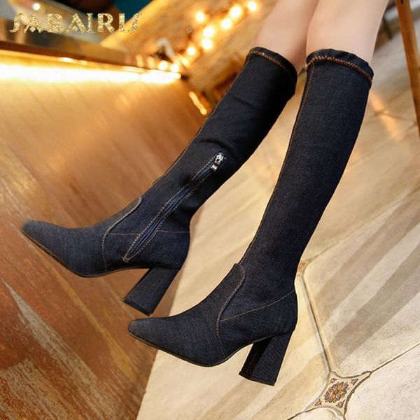 sarairis fashion denim boots woman shoes chunky high heels zip up pointed toe concise spring autumn knee high boots female, Black 
sarairis fashion denim boots woman shoes chunky high heels zip up pointed toe concise spring autumn knee high boots female, Black