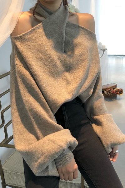women retro criss-cross halter knitted sweater off shoulder hanging neck strapless pullovers oversized lady sweaters1, White;black
women retro criss-cross halter knitted sweater off shoulder hanging neck strapless pullovers oversized lady sweaters1, White;black