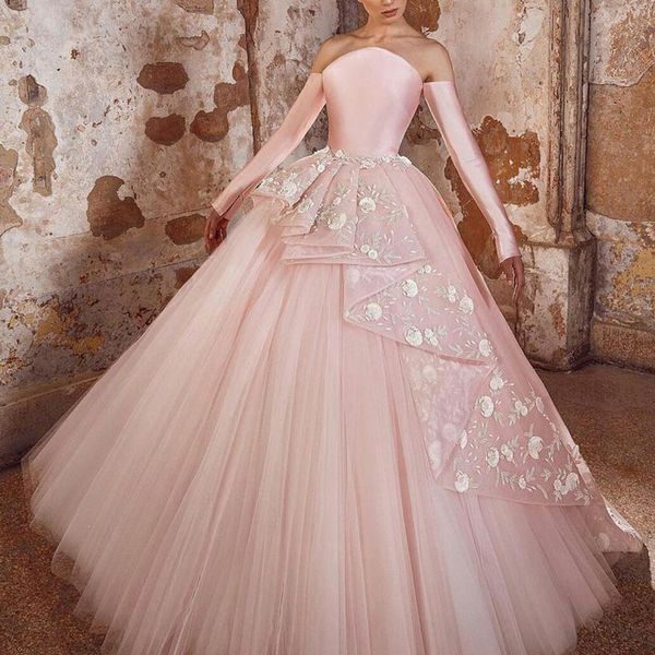 blush pink satin prom dresses strapless long sleeve tiered skirts evening gowns 3d floral appliques formal party robes, Black
blush pink satin prom dresses strapless long sleeve tiered skirts evening gowns 3d floral appliques formal party robes, Black