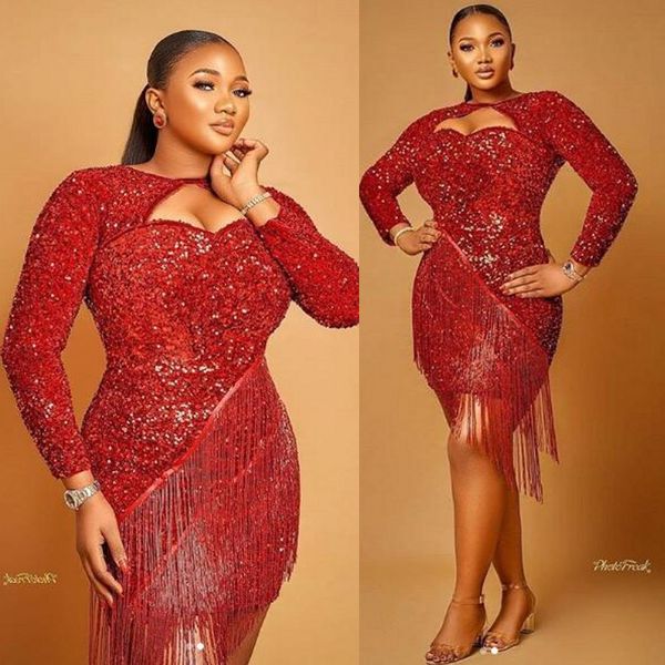 aso ebi african plus size prom dresses 2021 red sequined long sleeves short evening gowns with tassel s zipper back formal party, Black
aso ebi african plus size prom dresses 2021 red sequined long sleeves short evening gowns with tassel s zipper back formal party, Black