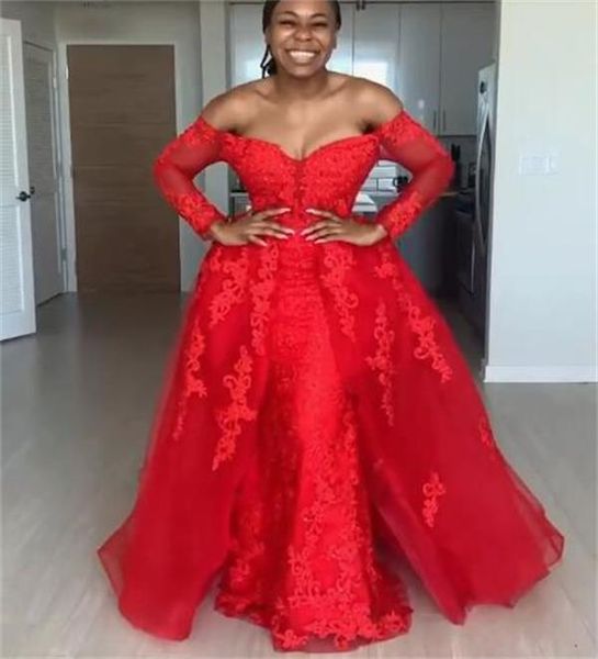 red overskirt evening dresses off the shoulder lace appliques african memaid prom dress with train plus size party gowns, Black
red overskirt evening dresses off the shoulder lace appliques african memaid prom dress with train plus size party gowns, Black