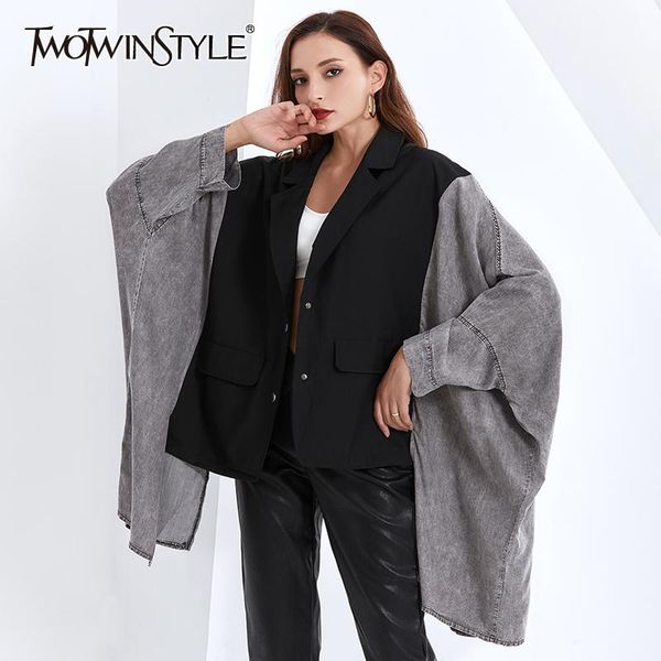 twotwinstyle patchwork bat sleeve for female coat lapel collar long sleeve loose women's casual coat 2020 fashion streetwear, Black;brown
twotwinstyle patchwork bat sleeve for female coat lapel collar long sleeve loose women's casual coat 2020 fashion streetwear, Black;brown