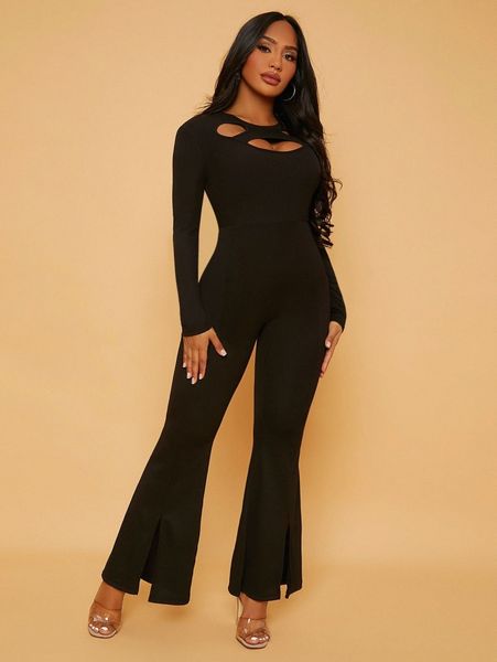 cutout split hem flare leg jumpsuit x1bf#, White