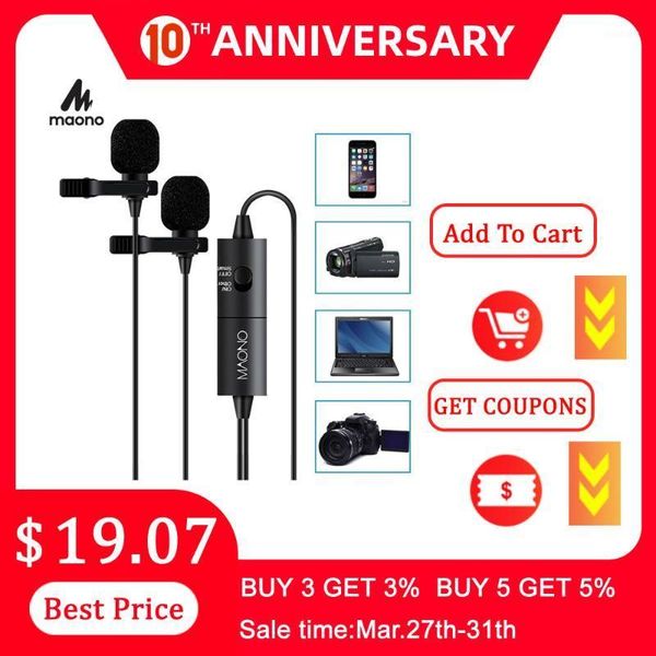 maono au-200 dual lavalier microphone handsclip-on lapel microphone collar condenser mic for camera dslr phone pc lap
maono au-200 dual lavalier microphone handsclip-on lapel microphone collar condenser mic for camera dslr phone pc lap