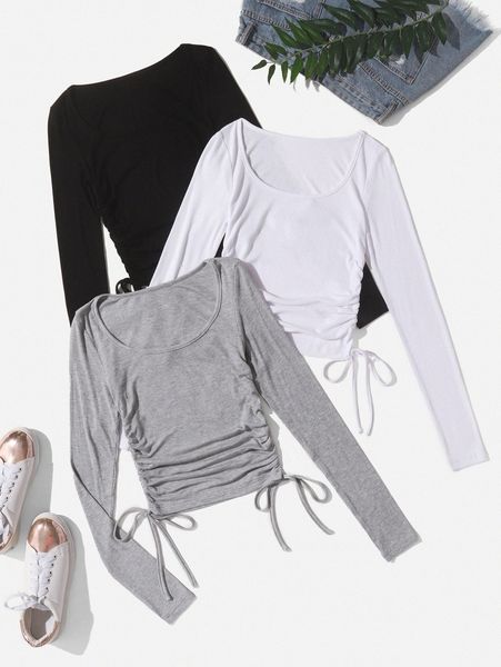 3pcs solid drawstring front tee 30xt#, White