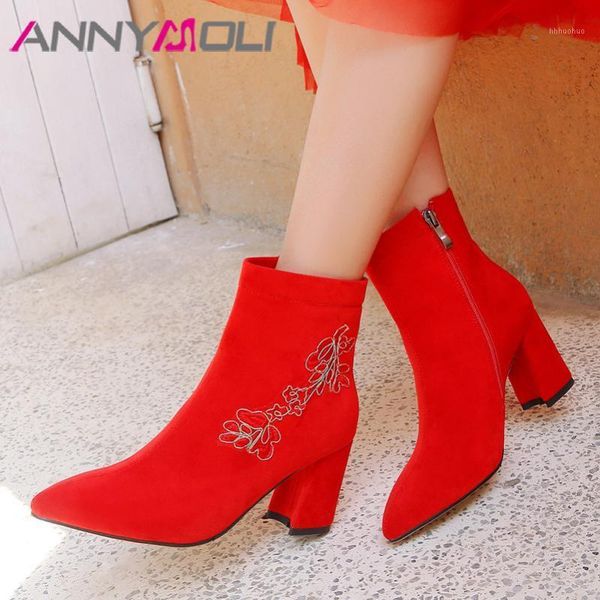 boots annymoli autumn ankle women zipper block high heels short embroider pointed toe red bridal shoes lady winter size 431, Black
boots annymoli autumn ankle women zipper block high heels short embroider pointed toe red bridal shoes lady winter size 431, Black