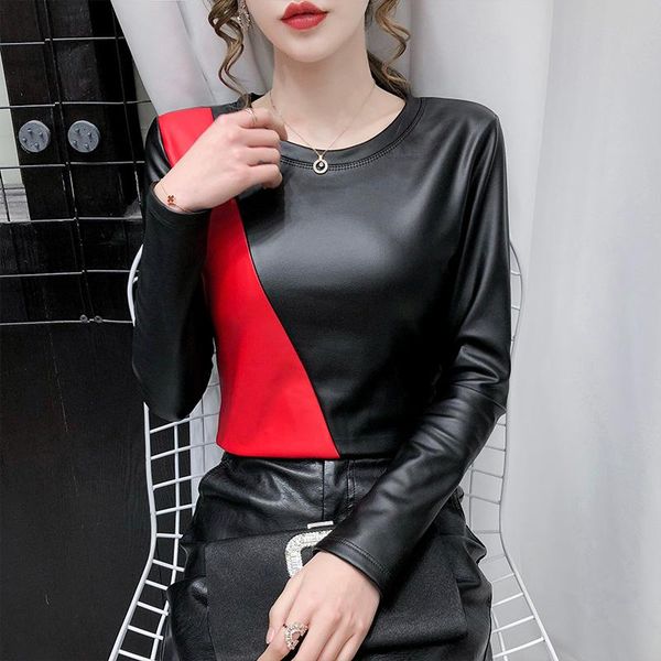 2021 autumn winter patchwork pu leather soft t shirt women plus velvet stretch pullover bottoming shirt long sleeve woman, White
2021 autumn winter patchwork pu leather soft t shirt women plus velvet stretch pullover bottoming shirt long sleeve woman, White