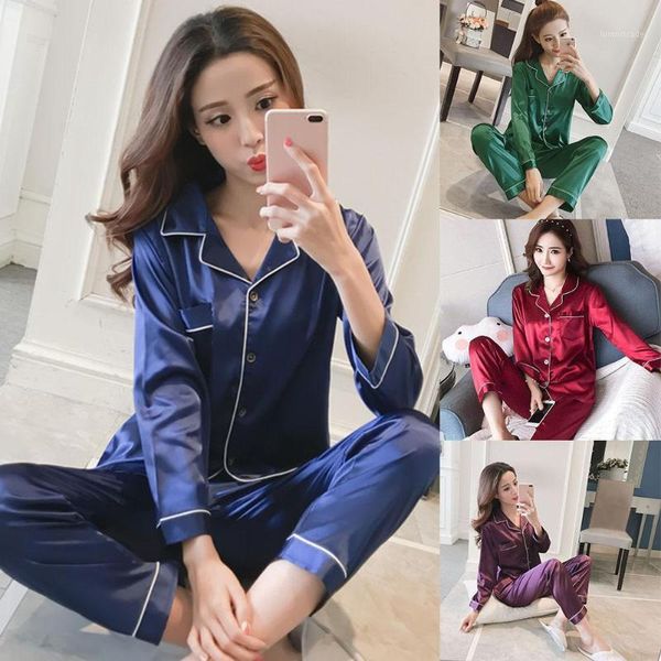 women's sleepwear women faux silk satin pajamas set long sleeve v-neck solid color two-pieces female homewear1, Black;red
women's sleepwear women faux silk satin pajamas set long sleeve v-neck solid color two-pieces female homewear1, Black;red