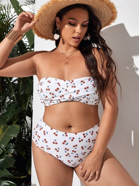 plus cherry print twist front bandeau bikini swimsuit z7up#, Black