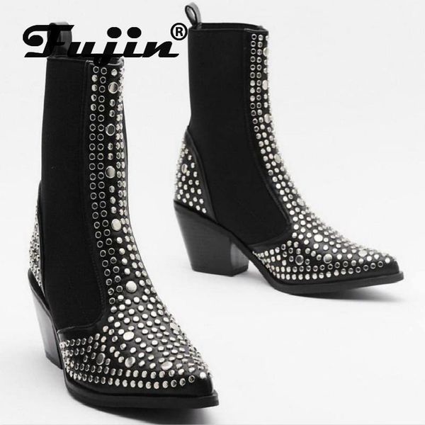 fujin boots 2020 women's new style for autumn winter pointed toe denim large riveting nail elastic fashion ankle boots, Black
fujin boots 2020 women's new style for autumn winter pointed toe denim large riveting nail elastic fashion ankle boots, Black