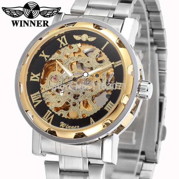 wristwatches wrg8008m4t3 skeleton winner automatic men watch factory stainless steel bracelet with gift box, Slivery;brown