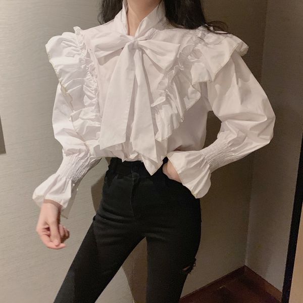 korean style lace-up bow solid sweet chic pullovers cute women office lady flare sleeves ruffles blouses t200502, White
korean style lace-up bow solid sweet chic pullovers cute women office lady flare sleeves ruffles blouses t200502, White