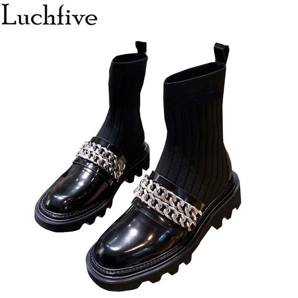 new elastic socks boots woman british style knitted leather patchwork winter boots metal chain design fashion flat heel, Black
new elastic socks boots woman british style knitted leather patchwork winter boots metal chain design fashion flat heel, Black