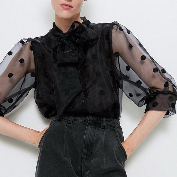 women blouse black shirt spring 2020 new fashion polka dot half sleeve modern lady sunscreen shine through blusa1, White
women blouse black shirt spring 2020 new fashion polka dot half sleeve modern lady sunscreen shine through blusa1, White