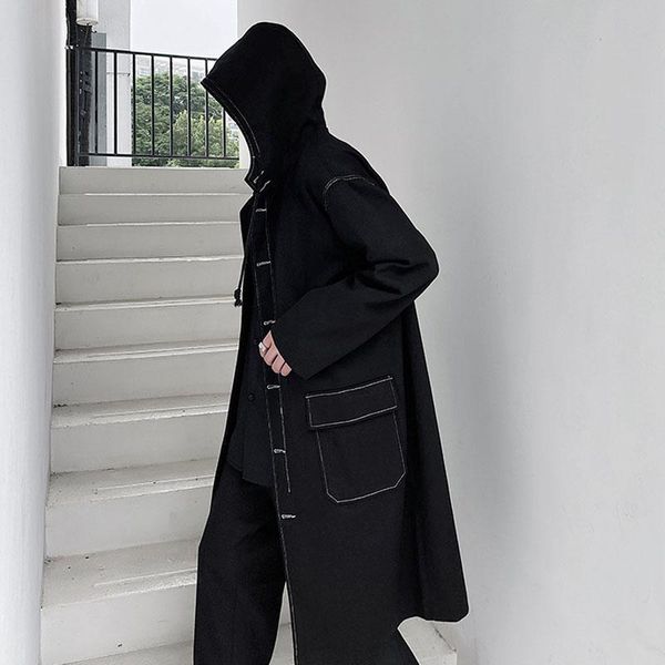 male japan streetwear overcoat coat men white line long washed cotton retro hooded trench coat windbreaker outerwear, Tan;black