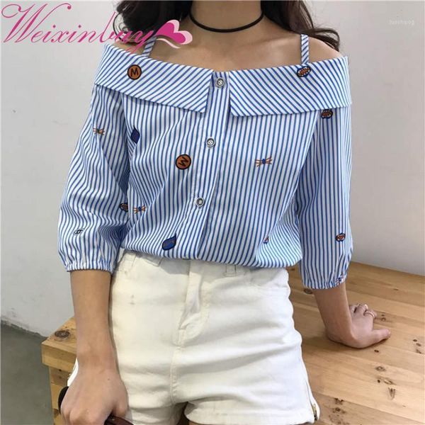 sweet slash neck stripe shirts ladies clothing long-sleeved shirt striped print embroidered shoulder slash neck blouse1, White
sweet slash neck stripe shirts ladies clothing long-sleeved shirt striped print embroidered shoulder slash neck blouse1, White