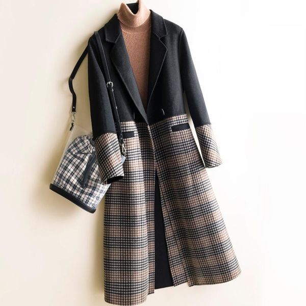 high-end women double-sided wool coat fashion autumn winter stitching plaid 100% wool long overcoat elegant female slim jacket, Black
high-end women double-sided wool coat fashion autumn winter stitching plaid 100% wool long overcoat elegant female slim jacket, Black