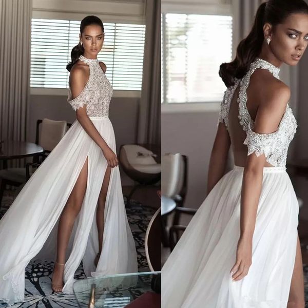 bohemia beach wedding gown high neck off shoulder delicate beaded chiffon split backless wedding dresses, White
bohemia beach wedding gown high neck off shoulder delicate beaded chiffon split backless wedding dresses, White