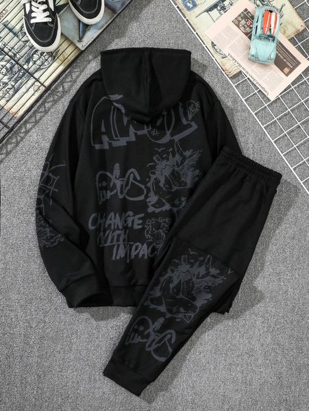 men letter graphic drawstring hoodie & sweatpants r4ov#, Gray