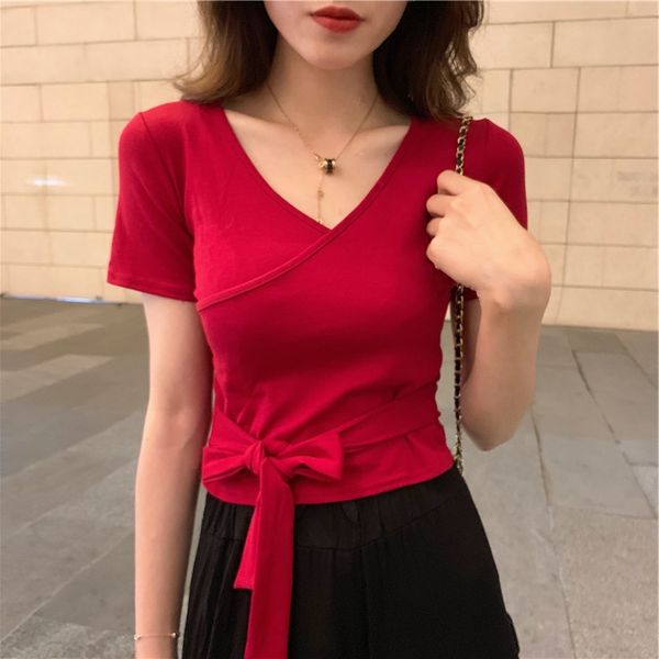 2020 lace lacet-shirt lace summer new design sense niche lace-up slim v-neck short-sleeved t-shirt women's trendy gcfyh, White