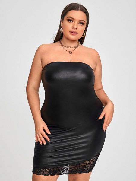 plus lace hem pu leather tube dress b1ce#, Black 
plus lace hem pu leather tube dress b1ce#, Black