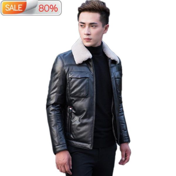 genuine men's winter down sheepskin coat for men wool fur collar slim real leather jacket n5332 b2a46, Black 
genuine men's winter down sheepskin coat for men wool fur collar slim real leather jacket n5332 b2a46, Black