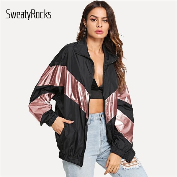 sweatyrocks black metallic panel insert drop shoulder jacket stand collar colorblock 2018 autumn zip up women casual overcoat y200101, Black;brown
sweatyrocks black metallic panel insert drop shoulder jacket stand collar colorblock 2018 autumn zip up women casual overcoat y200101, Black;brown