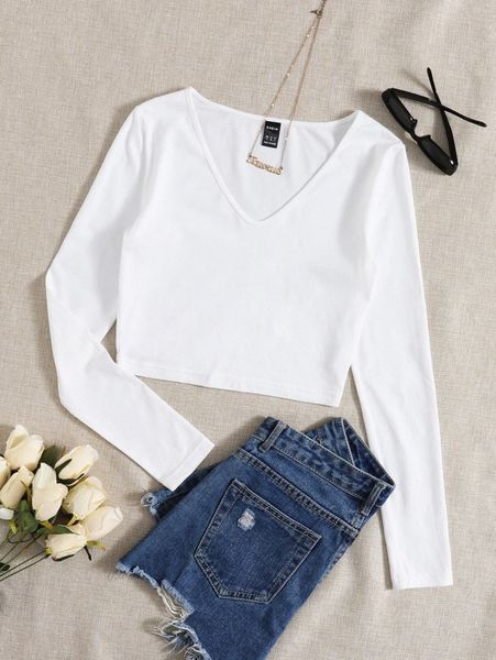 solid v neck crop tee u3qm#, White
solid v neck crop tee u3qm#, White