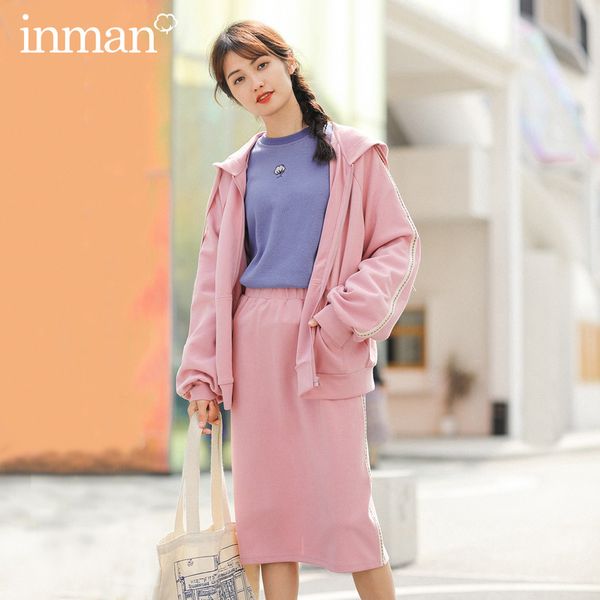 inman spring new arrival literary hooded surcoat skirt two-piece suit 201130, White 
inman spring new arrival literary hooded surcoat skirt two-piece suit 201130, White