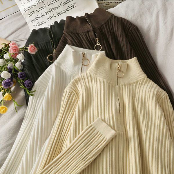 korean style zipper cardigan high collar slim fit slimming knitwear women's vertical stripes solid tight sweater autumn, White;black
korean style zipper cardigan high collar slim fit slimming knitwear women's vertical stripes solid tight sweater autumn, White;black