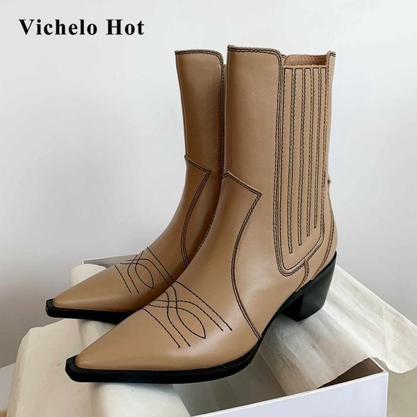 vichelo new western boots real cow leather three colors french pointed toe thick high heel slip on modern mid-calf boots l191, Black
vichelo new western boots real cow leather three colors french pointed toe thick high heel slip on modern mid-calf boots l191, Black