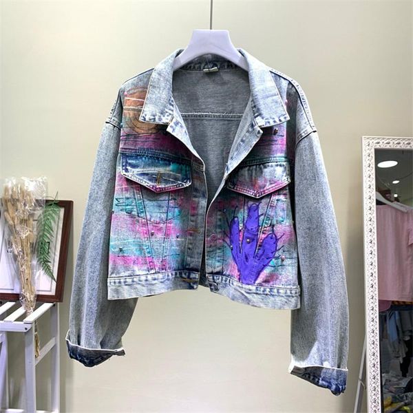 women's jackets 2021 jeans jacket spring autumn graffiti beading denim long sleeve retro basic coat short loose female r1085, Black;brown
women's jackets 2021 jeans jacket spring autumn graffiti beading denim long sleeve retro basic coat short loose female r1085, Black;brown