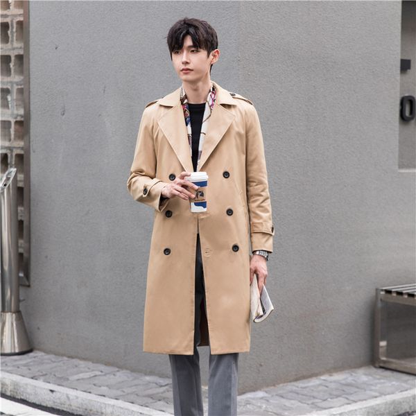 windbreaker mid long spring and autumn korean fashion handsome british men's double breasted loose casual coat, Tan;black
windbreaker mid long spring and autumn korean fashion handsome british men's double breasted loose casual coat, Tan;black