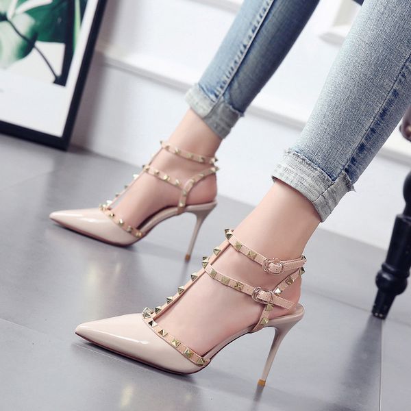 red new summer 2020 slim heels sandals with color matching rivets for women's hollow high heels, Black
red new summer 2020 slim heels sandals with color matching rivets for women's hollow high heels, Black