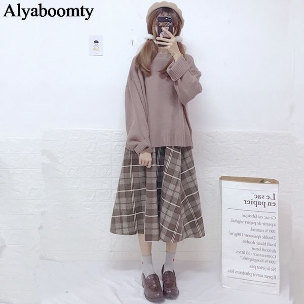 japanese preppy style autumn winter women 2 pcs set oversized knitted sweater khaki plaid midi skirt cute kawaii girl's outfits c1114, Black;white
japanese preppy style autumn winter women 2 pcs set oversized knitted sweater khaki plaid midi skirt cute kawaii girl's outfits c1114, Black;white