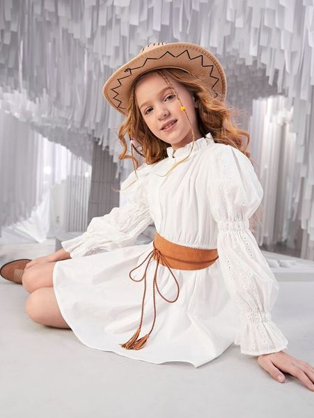 girls eyelet embroidery gathered sleeve dress without corset she, Red;yellow