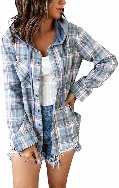 women's casual drawstring hooded plaid pattern button down shirt hoodie jacket d90t#, Black
women's casual drawstring hooded plaid pattern button down shirt hoodie jacket d90t#, Black