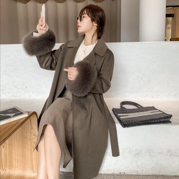 women's fur & faux real collar geniune cashmere coat outerwear with belt wool coats for women 2021, Black
women's fur & faux real collar geniune cashmere coat outerwear with belt wool coats for women 2021, Black