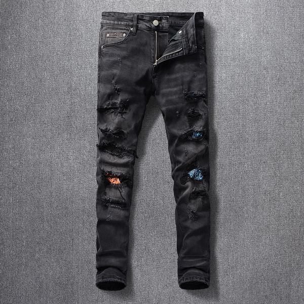 2021 new fashion streetwear men black color elastic slim fit ripped jeans patches designer destroyed hip hop pants 6r8o, Blue
2021 new fashion streetwear men black color elastic slim fit ripped jeans patches designer destroyed hip hop pants 6r8o, Blue
