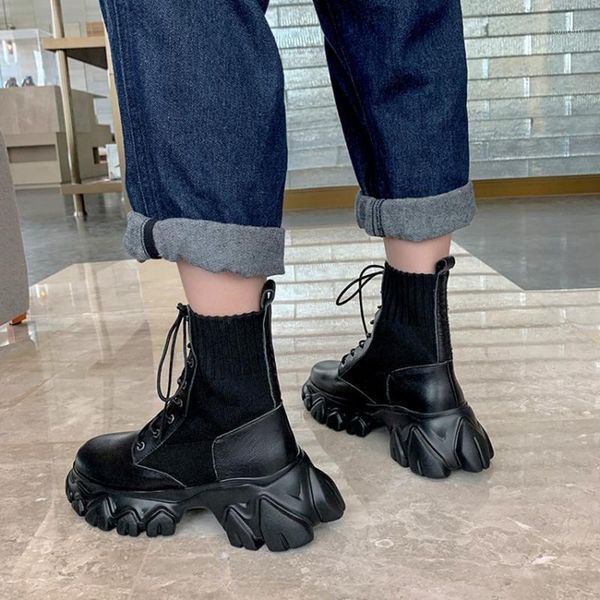 2020 new winter shoes women's ankle boots cow leather round toe lace up knitting stretch boots punk ankle femme1, Black
2020 new winter shoes women's ankle boots cow leather round toe lace up knitting stretch boots punk ankle femme1, Black