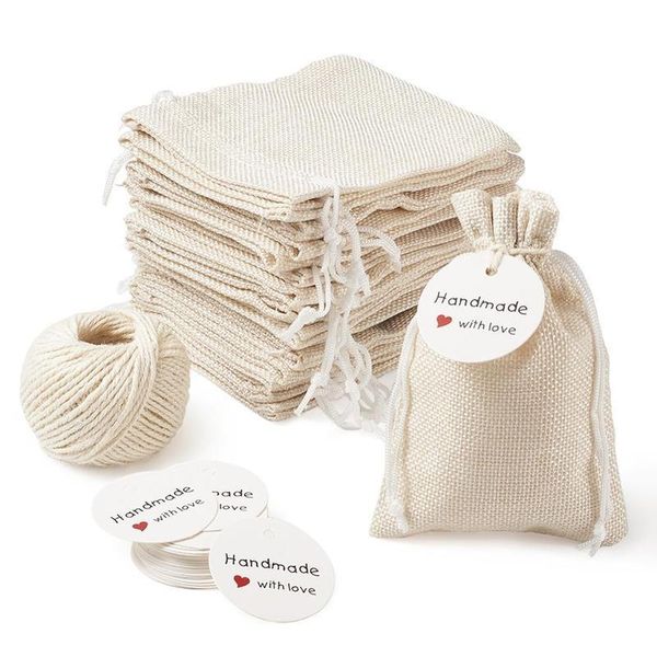 1set Burlap Packing Pouches Drawstring Bags With Jewelry Display Kraft Paper Price Tags And Hemp Cord Twine String For Sqcgas