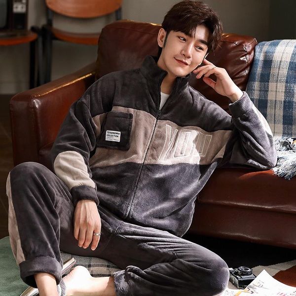 men's sleepwear flannel pajamas fall/winter long-sleeved cardigan suit 2021 korean casual wearable two-piece home wear pijama de hombre, Black;brown
men's sleepwear flannel pajamas fall/winter long-sleeved cardigan suit 2021 korean casual wearable two-piece home wear pijama de hombre, Black;brown