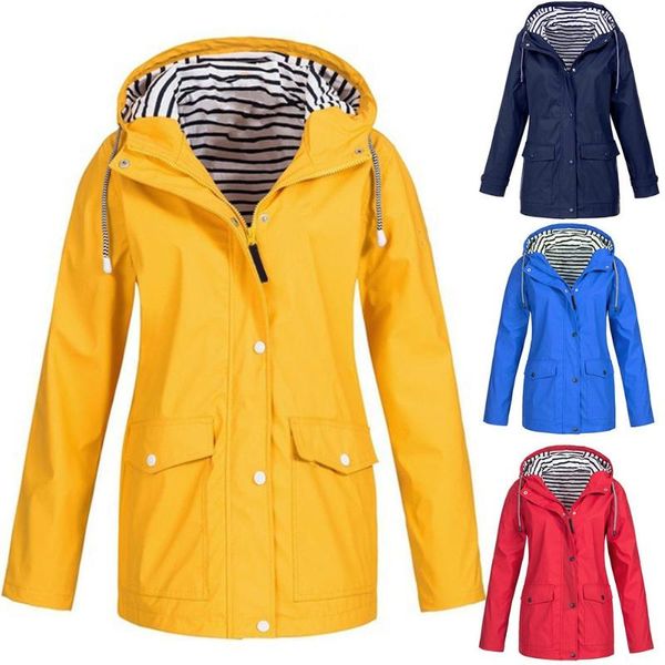 women solid color stripe outdoor windproof waterproof hooded raincoat rain jacket, Black;brown
women solid color stripe outdoor windproof waterproof hooded raincoat rain jacket, Black;brown