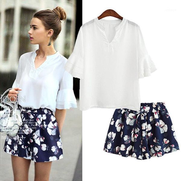 women set short sleeve pullover chiffon + flower printing short pant casual two pieces set plus size1, White
women set short sleeve pullover chiffon + flower printing short pant casual two pieces set plus size1, White